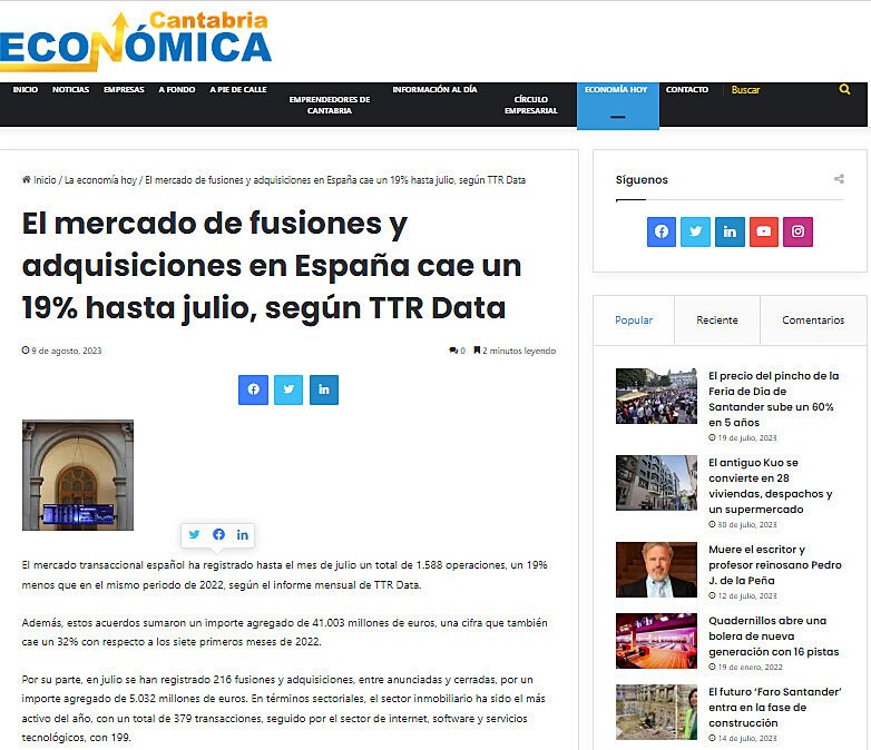 El mercado de fusiones y adquisiciones en Espaa cae un 19% hasta julio, segn TTR Data